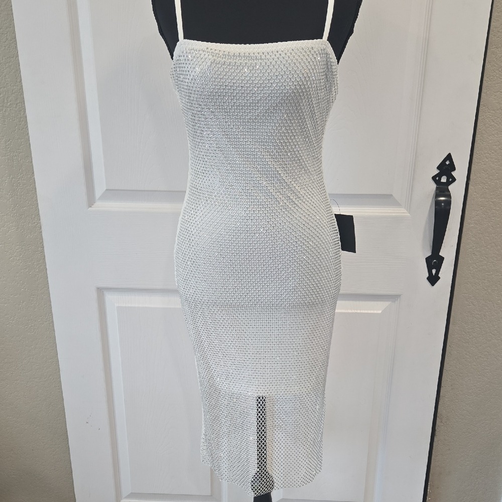 Lulus White Rhinestone Mesh Sparkle Bodycon Midi Dress XS